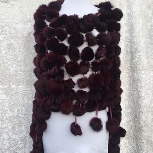 Genuine Burgundy Fur Pom-Pom Poncho | One Size